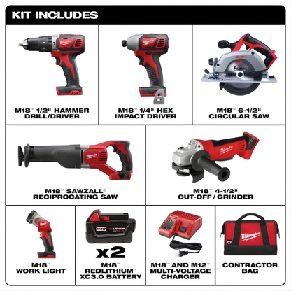 Milwaukee® 7-Tool Cordless Power Combo + 2 5.0Ah Batteries + Charger + 2 Bags